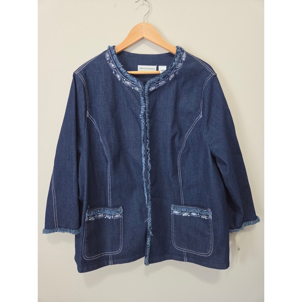 Alfred Dunner Newport Denim Jacket Embroidered Fringe Blue 54630 HP 22W NEW